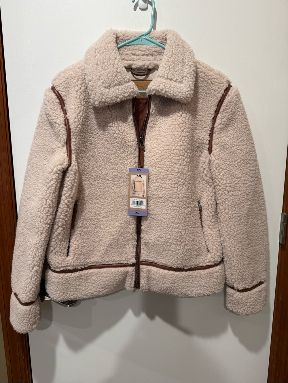 Bearpaw Ladies Moto Shearling  Zip Jacket - Cream with Brown Trim